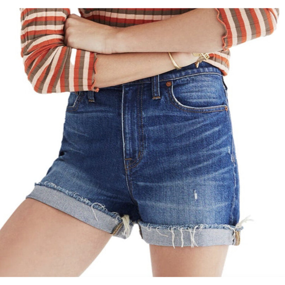 Madewell High Rise Denim Cuffed Stretch Jean Shorts in Blue 25 - Picture 3 of 8